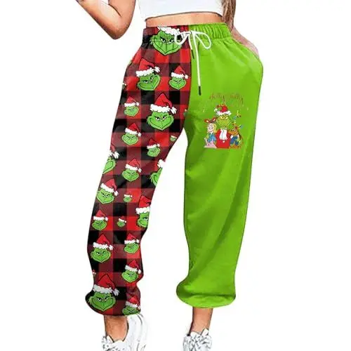 Produktbild: 𝑮𝒓𝒊𝒏𝒄𝒉 Weihnachts Hose Wollhose Damen Christmas Pants Jogginghose Weites Bein Damen Satin Pyjama Damen Schlafanzug Teenager Mädchen Winter Hose mit Gummizug Damen Weihnachts Hosen Rot L